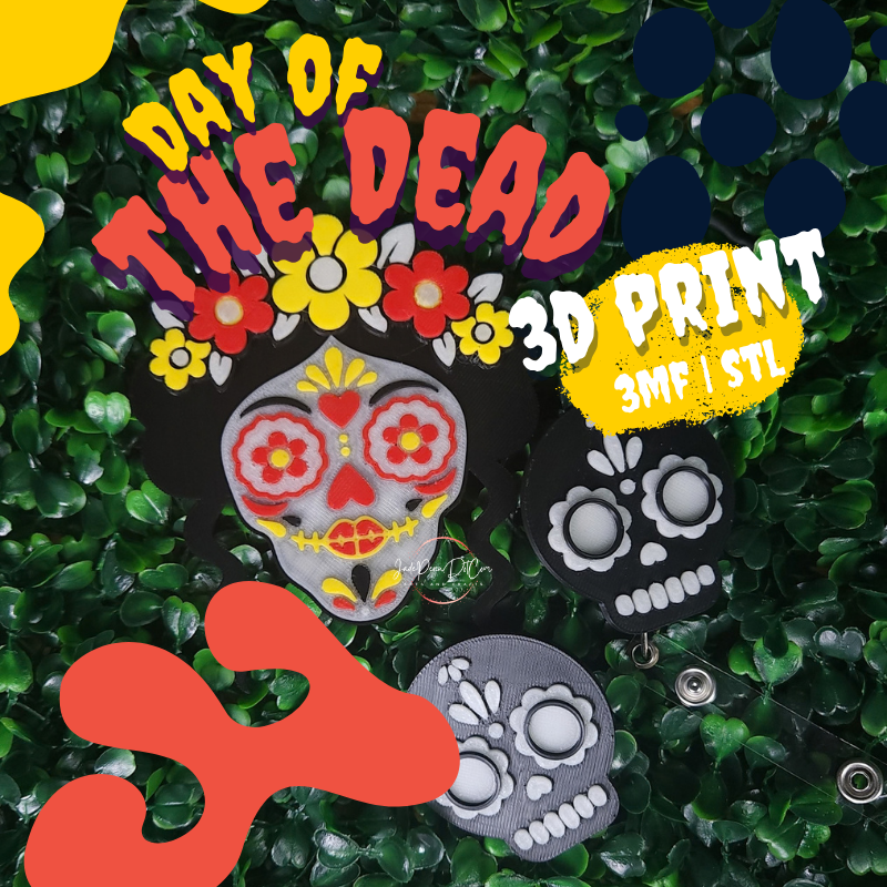 Day of the Dead Sugar Skull Badge Reel STL 3MF | 2 Skull Designs